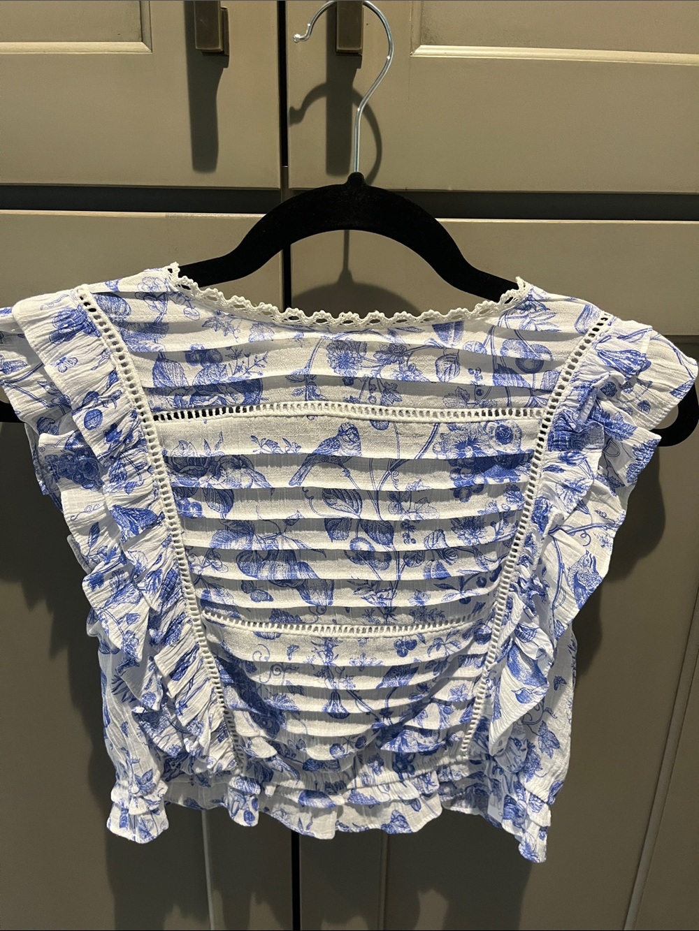 The Vintage Shop White and Blue Floral Ruffled Crop Top